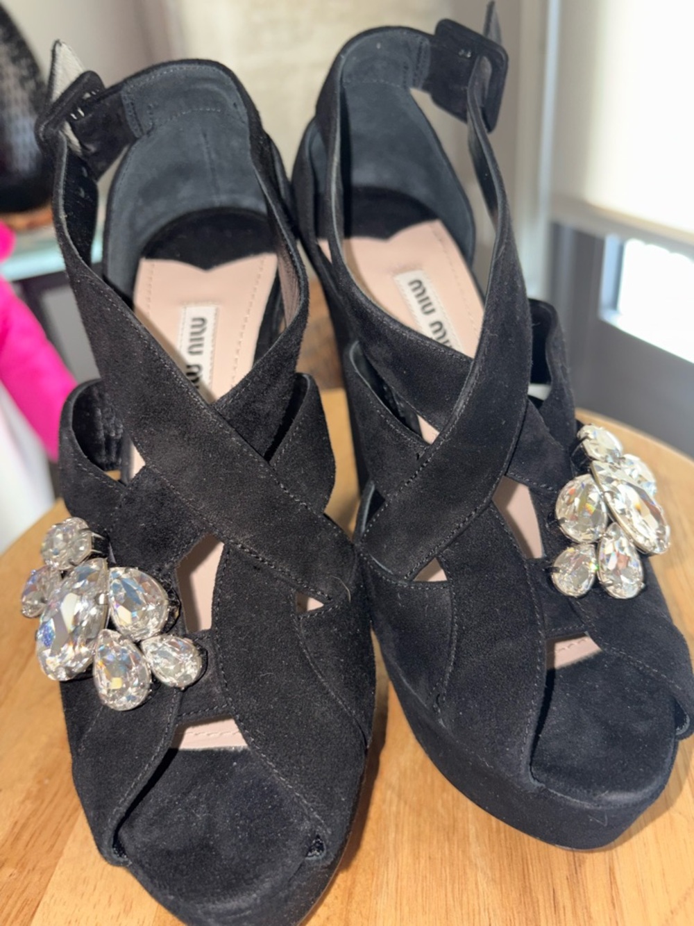 Miu Miu Suede Crystal Embellishments Slingback Pumps Women's Size: 36 1/2